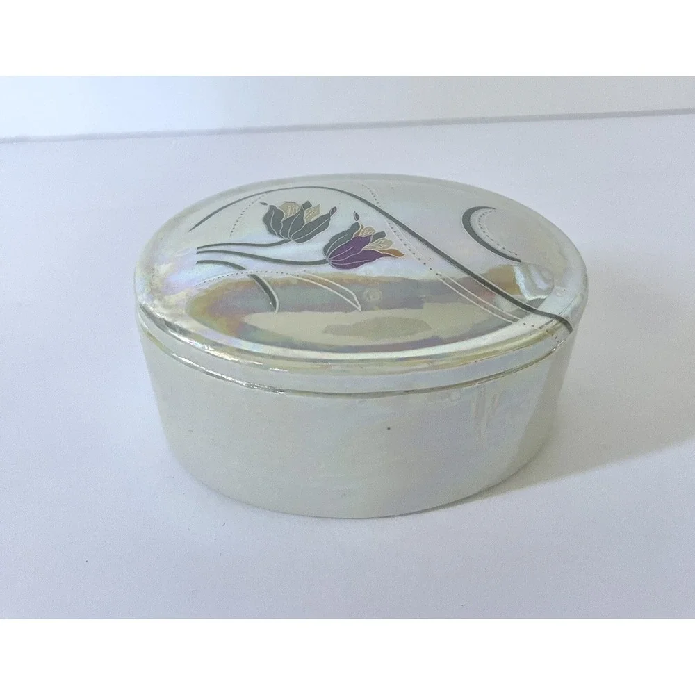 Vintage Porcelain White Floral Trinket Jewelry Box‎ Holder